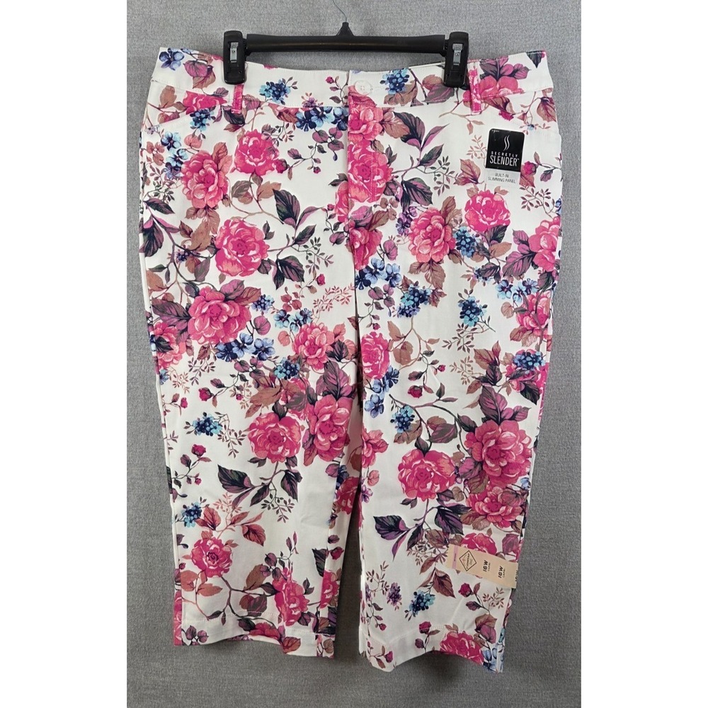 St Johns Bay Capri Pants 16W Secretly Slender Slimming Panel Pink Floral NEW